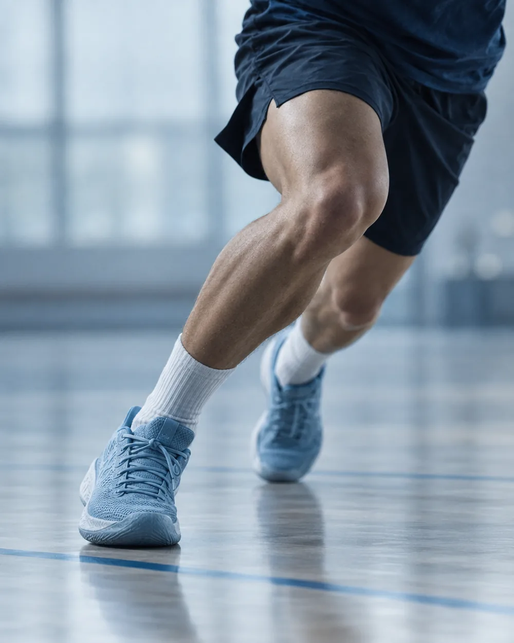 An athlete's knee loaded mid change-of-direction on an indoor court