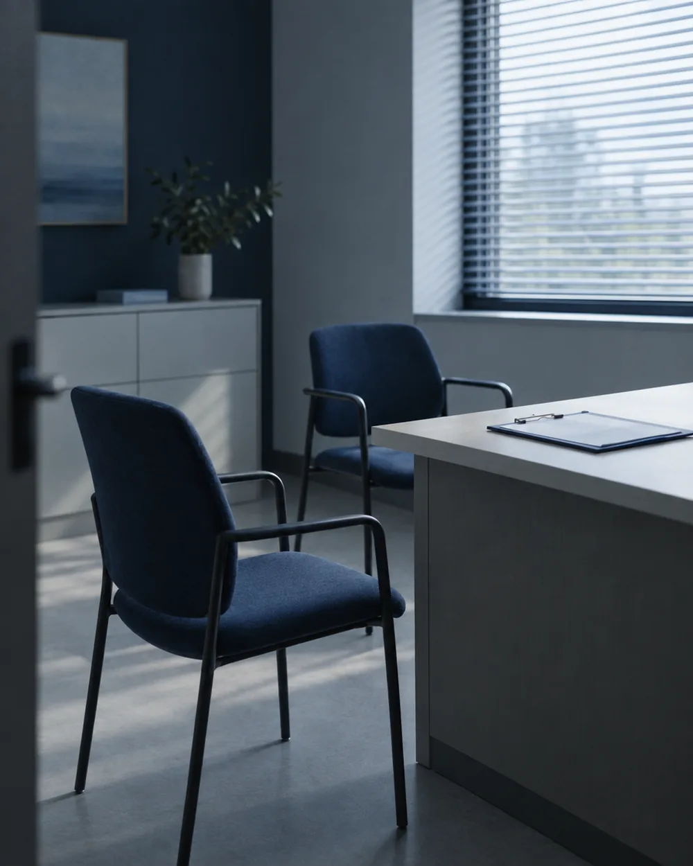 A quiet consultation room with daylight through a blind