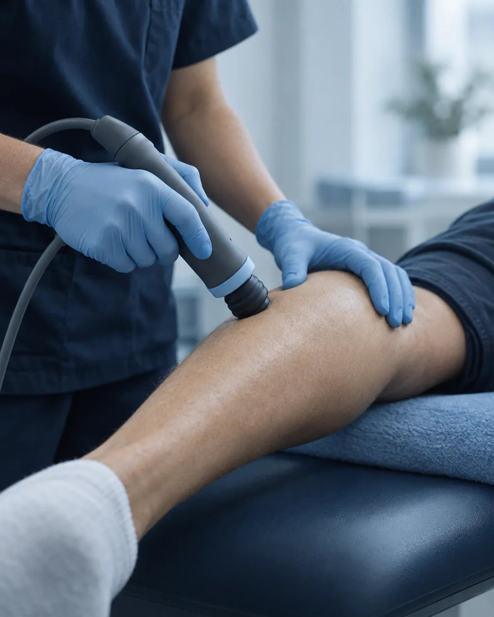 A clinician positioning a handheld therapy device against a patient's calf