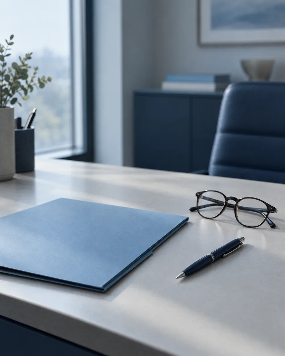 A closed folder and reading glasses on a clinical desk in daylight