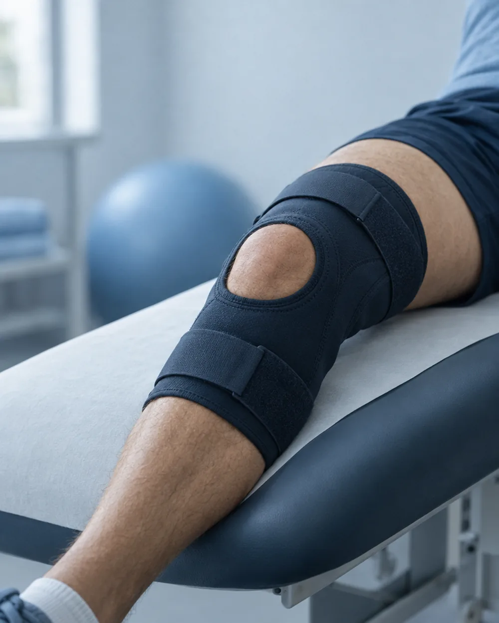A braced knee resting on a treatment table during rehabilitation