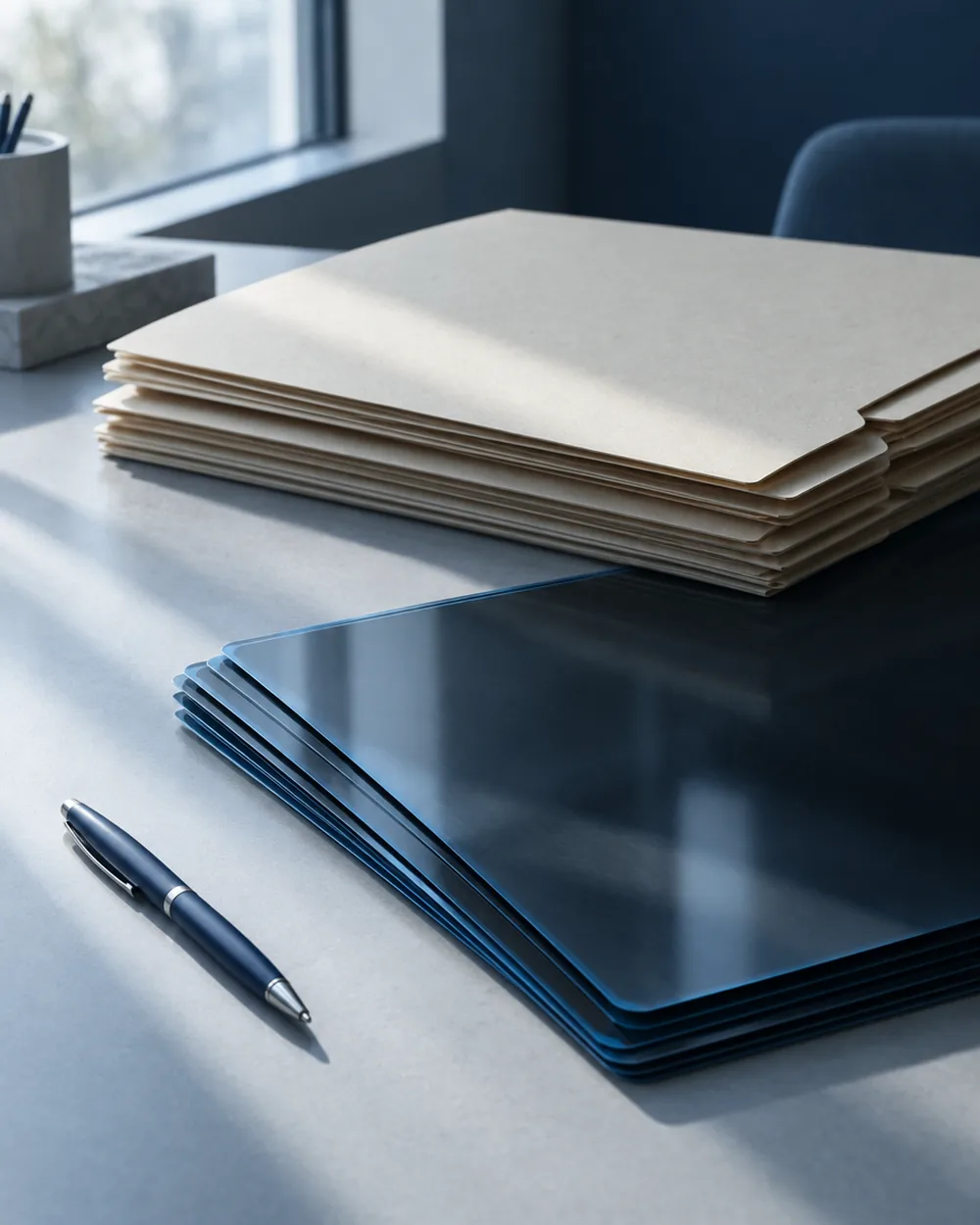 A stack of document folders and imaging sheets on a desk
