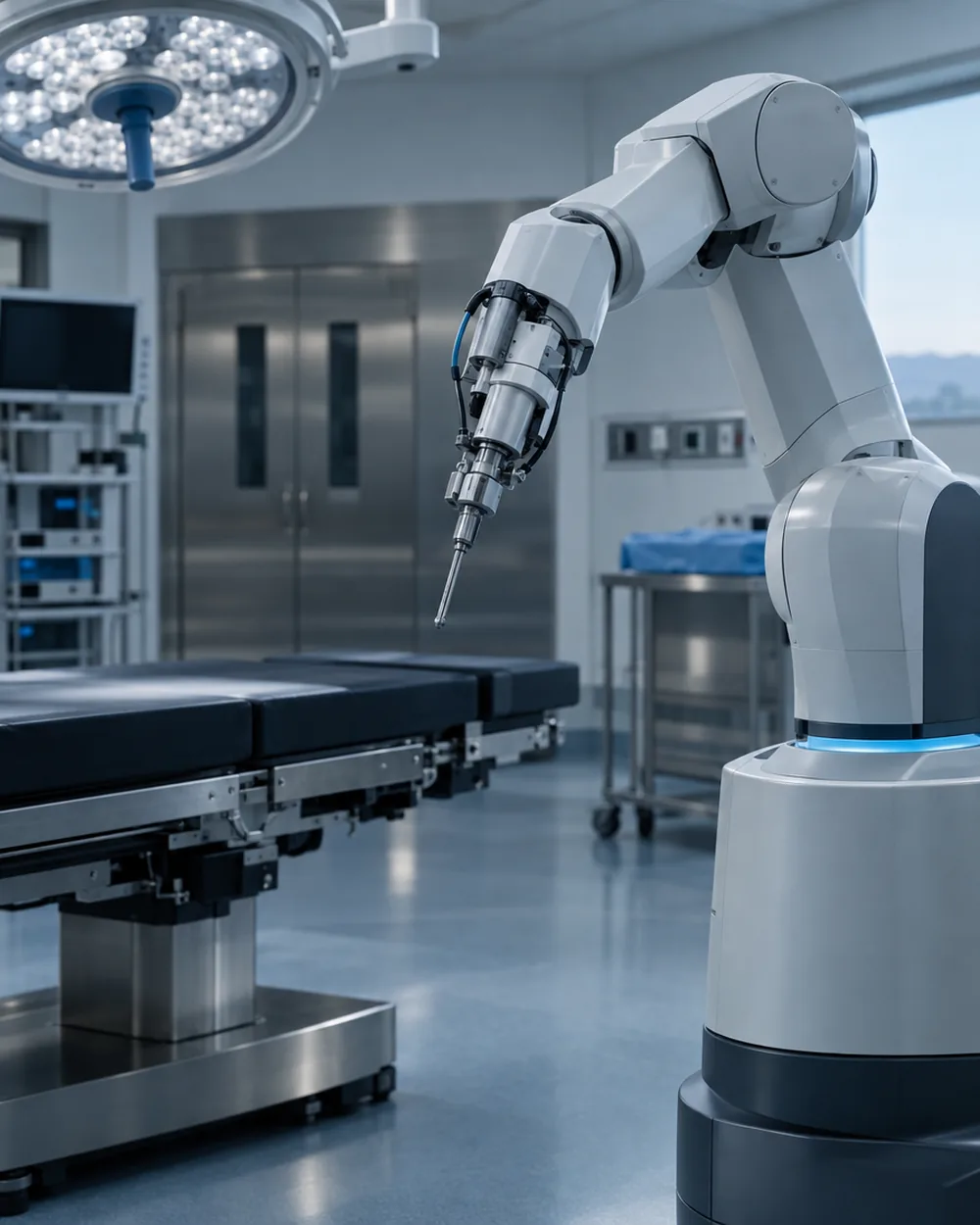 A robotic surgical arm at rest in an empty operating suite