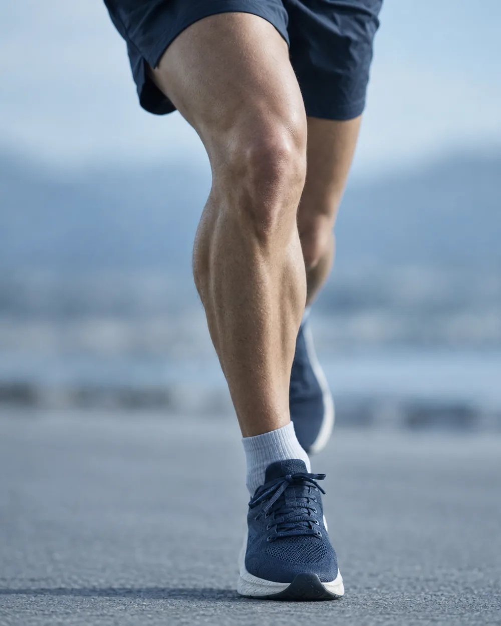 A runner's knee and lower leg taking load mid-stride, in cool daylight