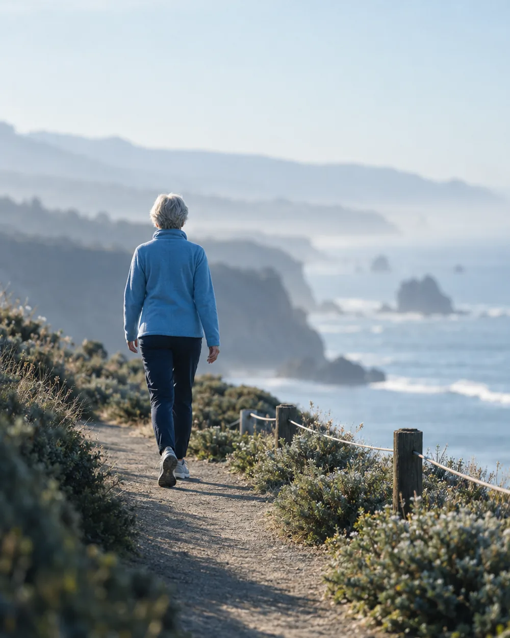 An adult walking an easy confident stride along a coastal path