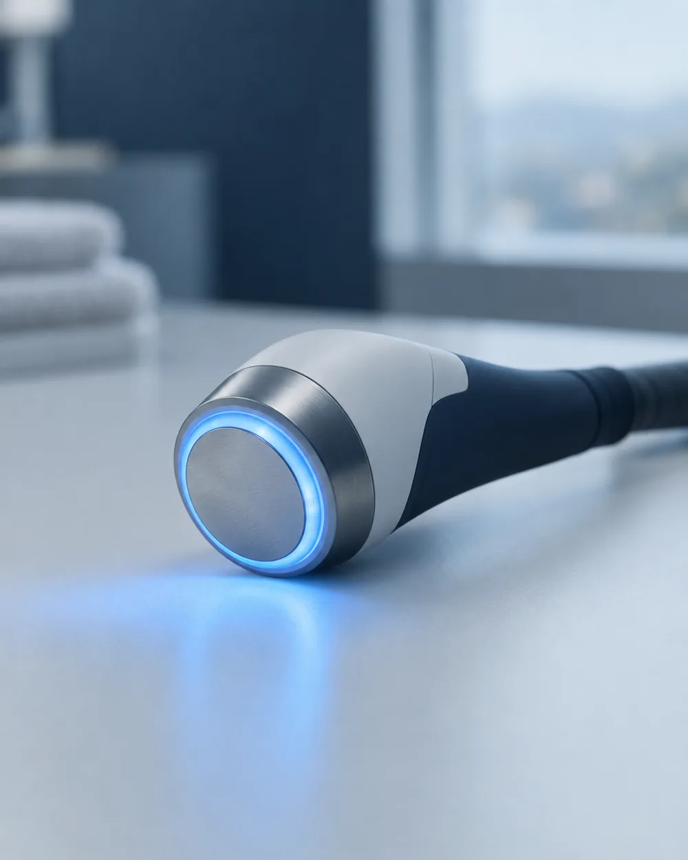 A therapy device emitter head on a clean clinical surface
