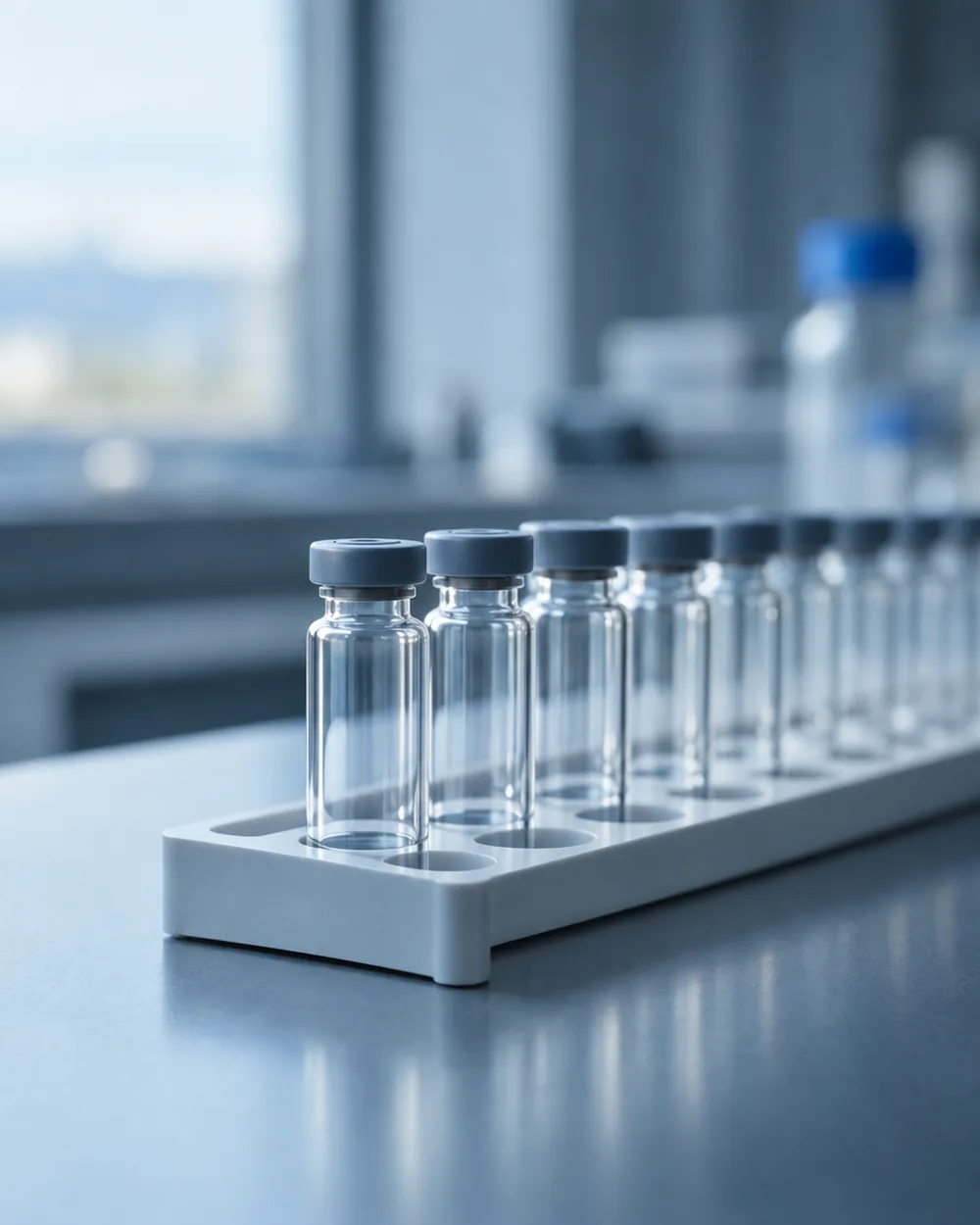 Glass vials standing in a rack on a laboratory bench