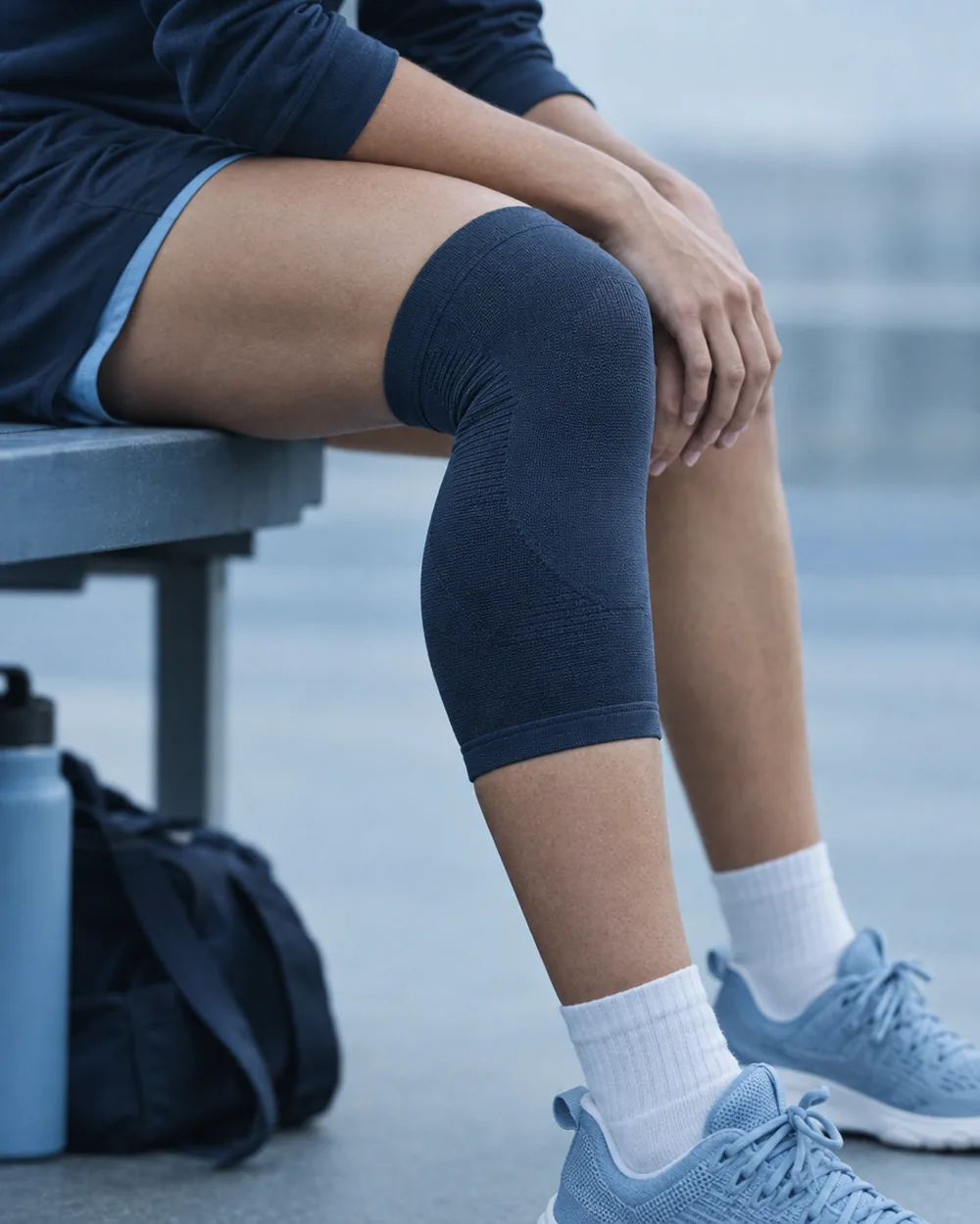 A young athlete's knee in a supportive sleeve, seated courtside