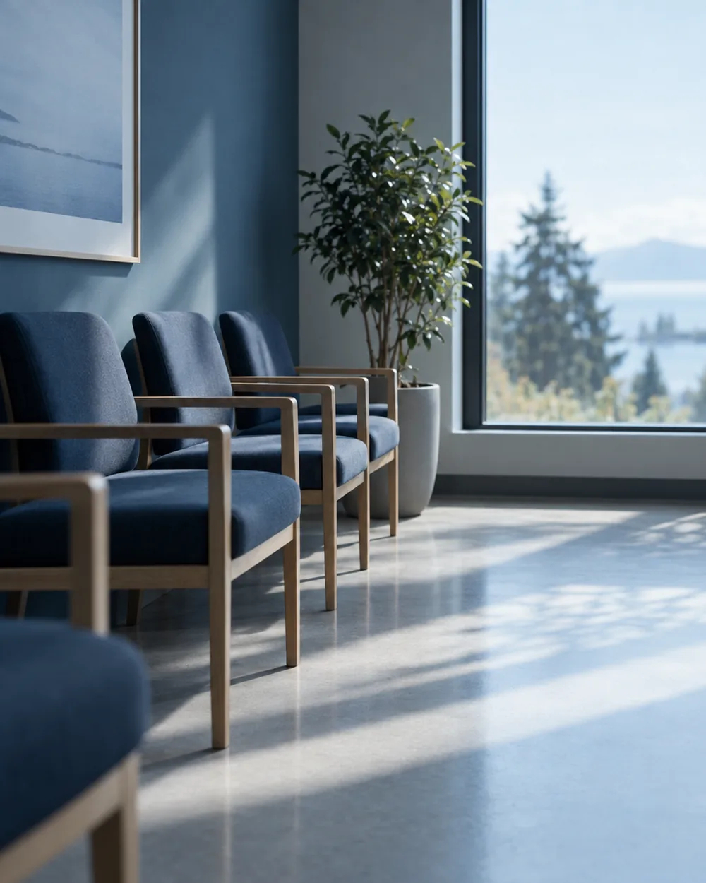 A calm, empty clinical waiting area in daylight