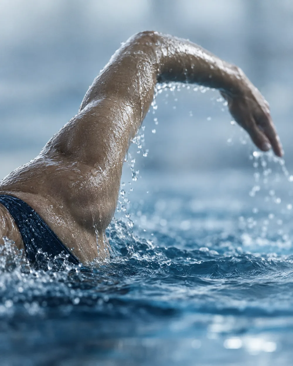 A swimmer's shoulder at the top of a freestyle stroke