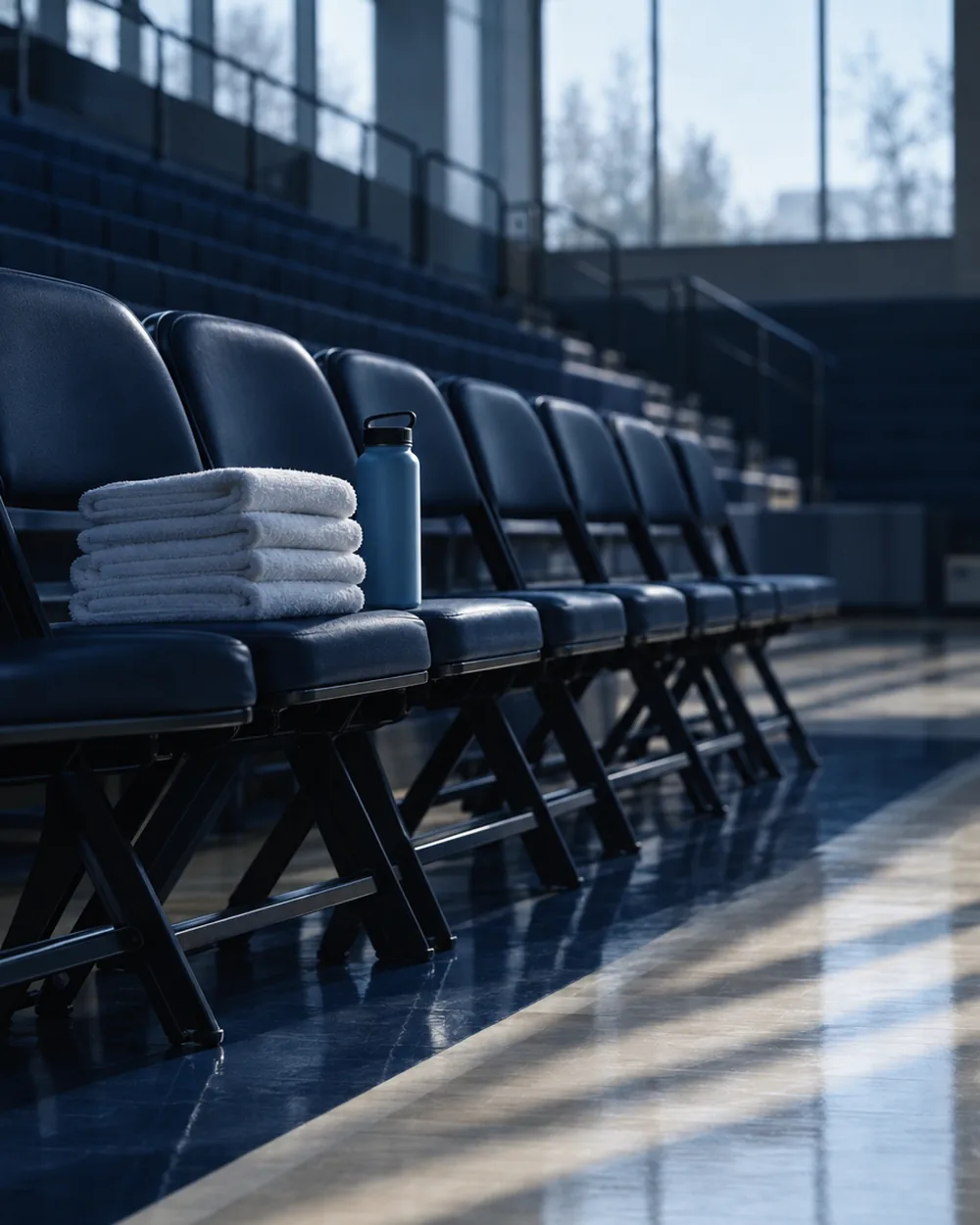 An empty courtside team bench in early morning light