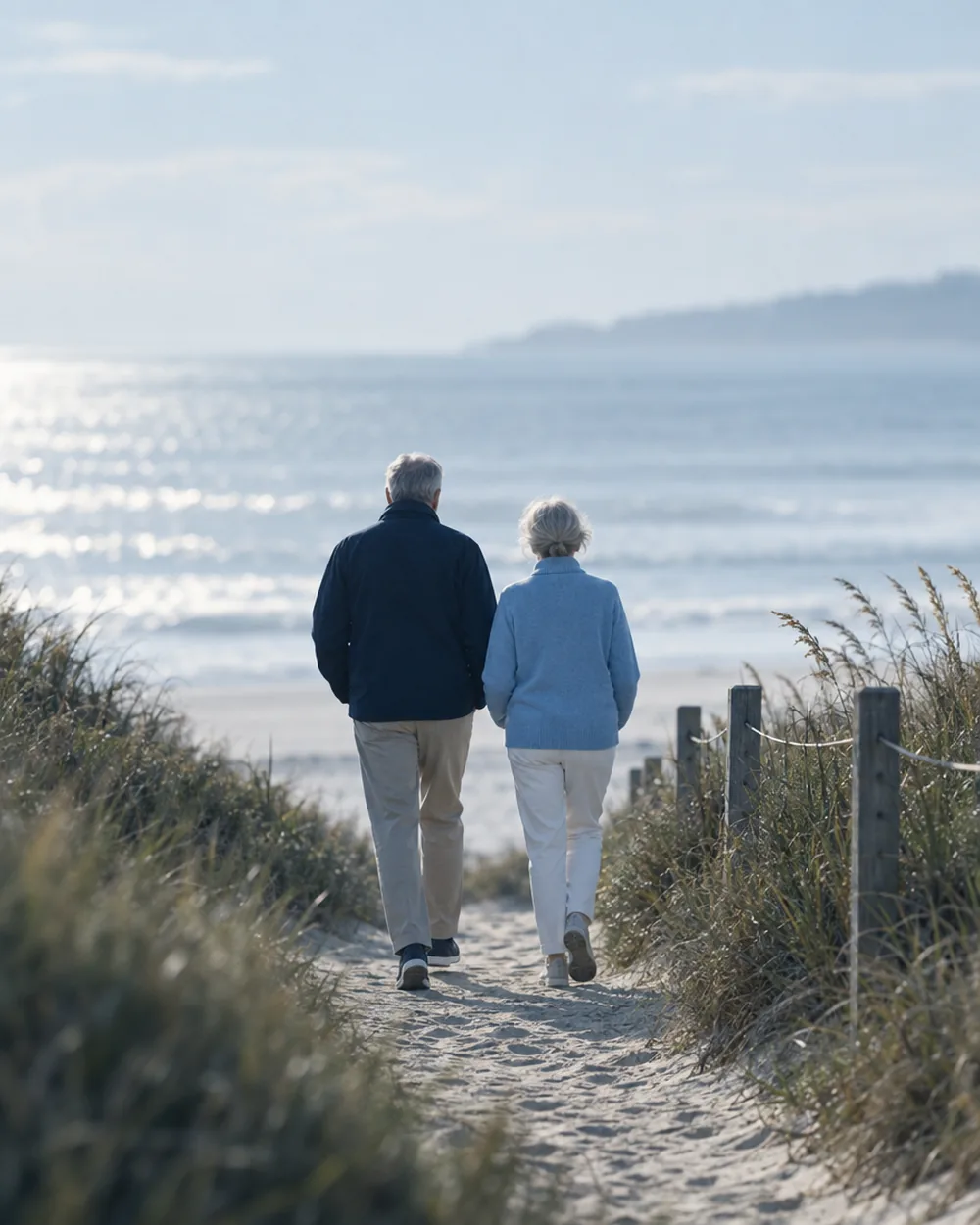 Two people walking a beach path together at an unhurried pace