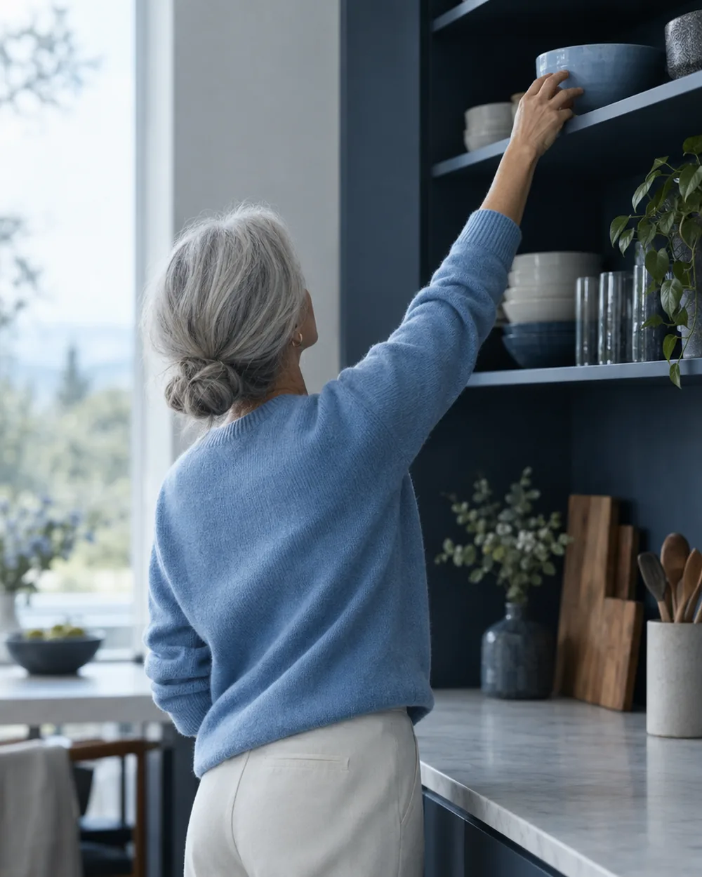 An adult reaching overhead to a high shelf without strain