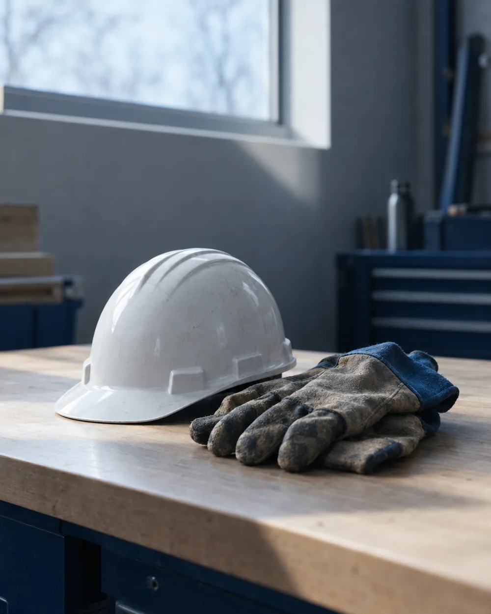 A hard hat and work gloves set down on a workbench